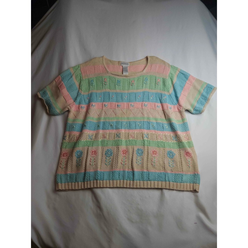 Koret Francisca Pastel Striped Floral Embroidered Knit Sweater XL Short Sleeve